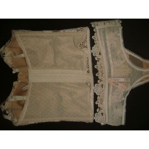 Victoria's Secret 32C,34C,36C,36D CORSET+thong Beige White embroidered BRIDAL - Picture 4 of 5